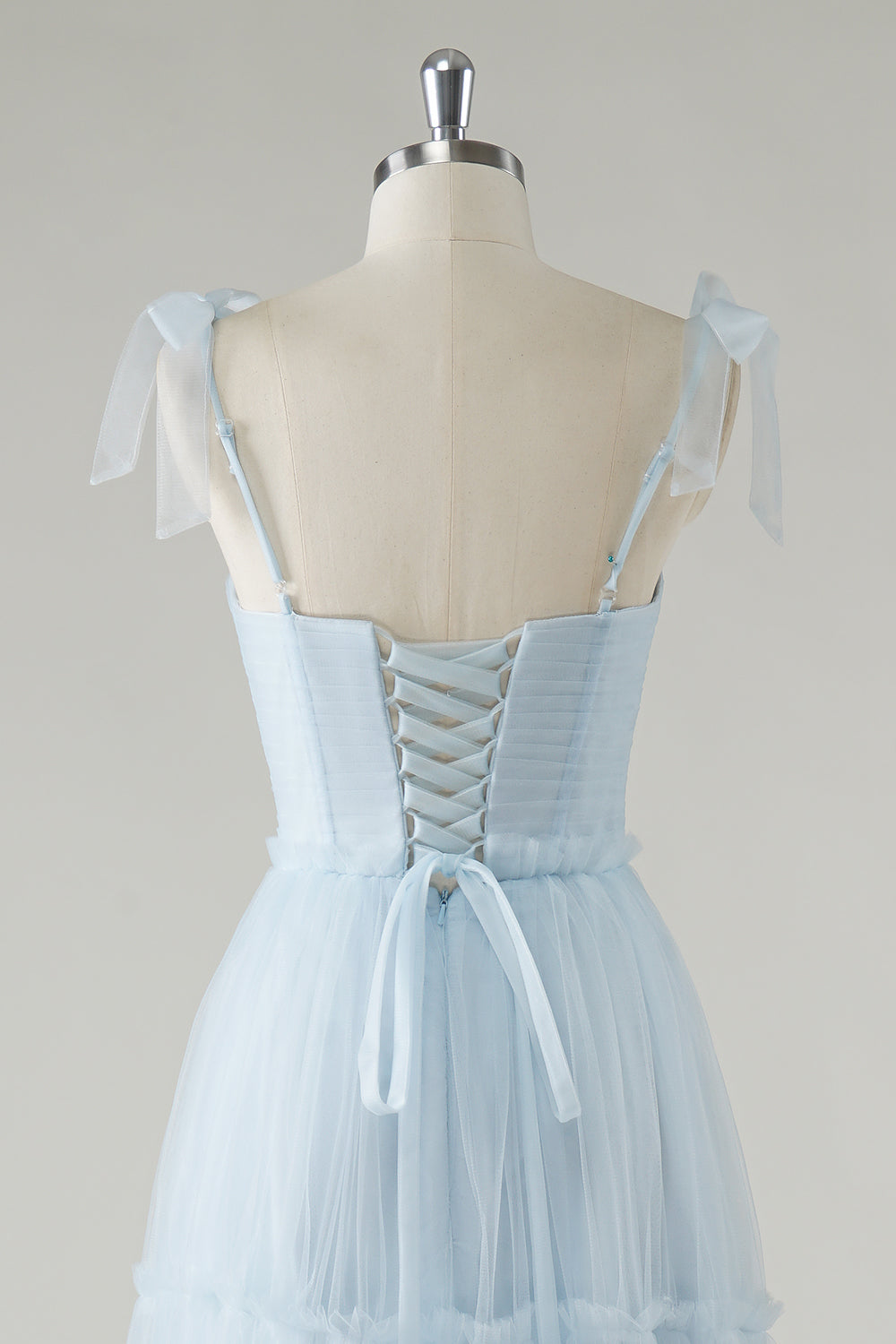 A-Line Bow Tie Straps Sky Blue Tulle Long Bridesmaid Dress