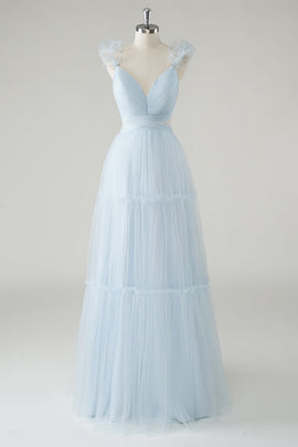 Sky Blue A-Line Ruffles Straps V-Neck Tulle Long Bridesmaid Dress