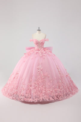 Blush Pink Ball Gown Off The Shoulder Quinceanera Dress with 3D Butterflies