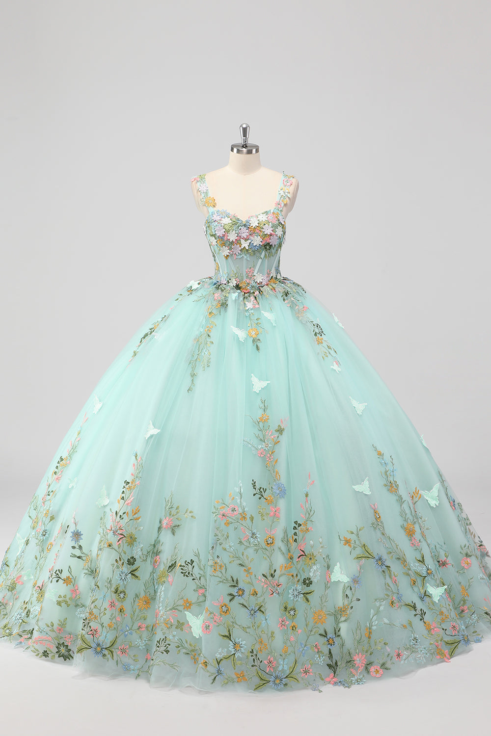 Princess Mint Corset Floral Tulle Quinceanera Dress with Appliques