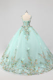 Princess Mint Corset Floral Tulle Quinceanera Dress with Appliques