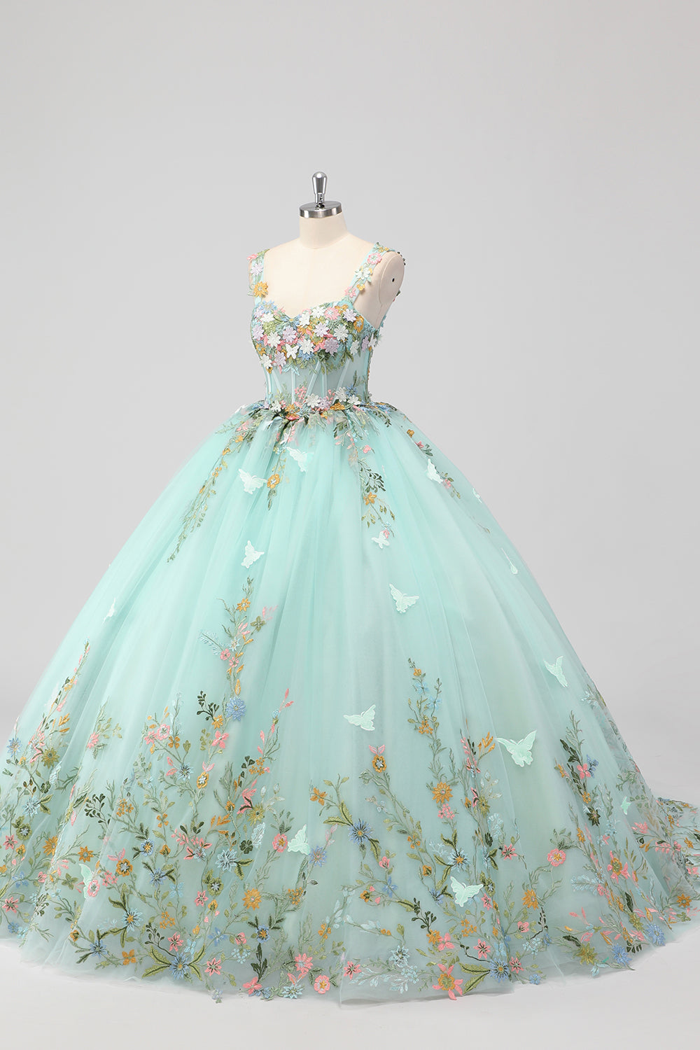 Princess Mint Corset Floral Tulle Quinceanera Dress with Appliques