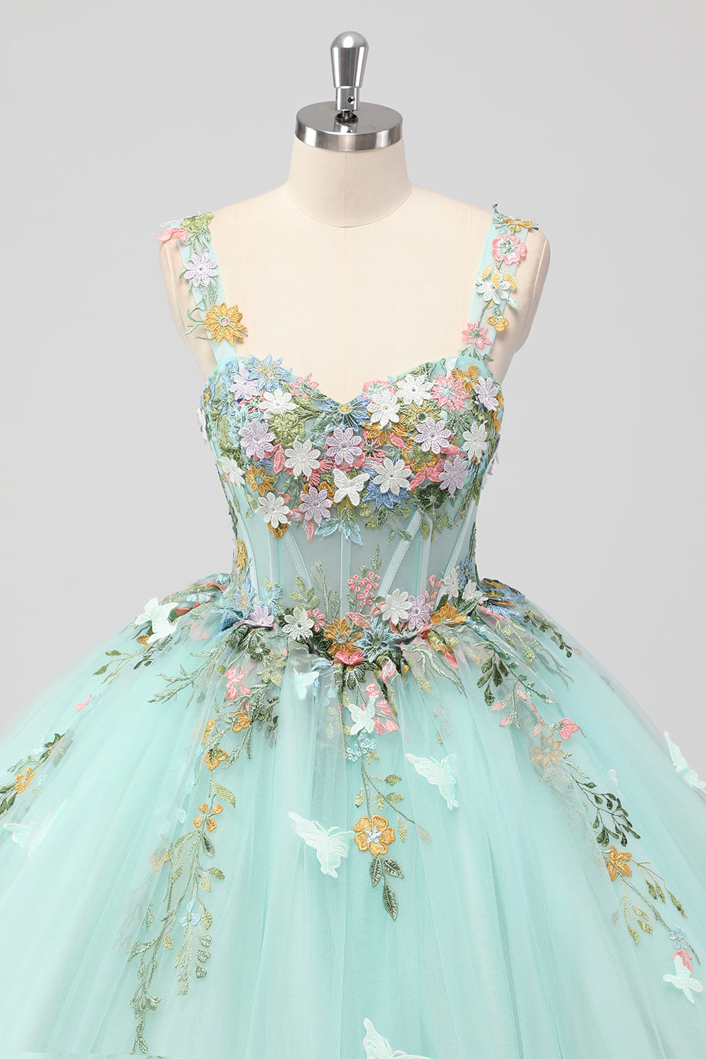 Princess Mint Corset Floral Tulle Quinceanera Dress with Appliques