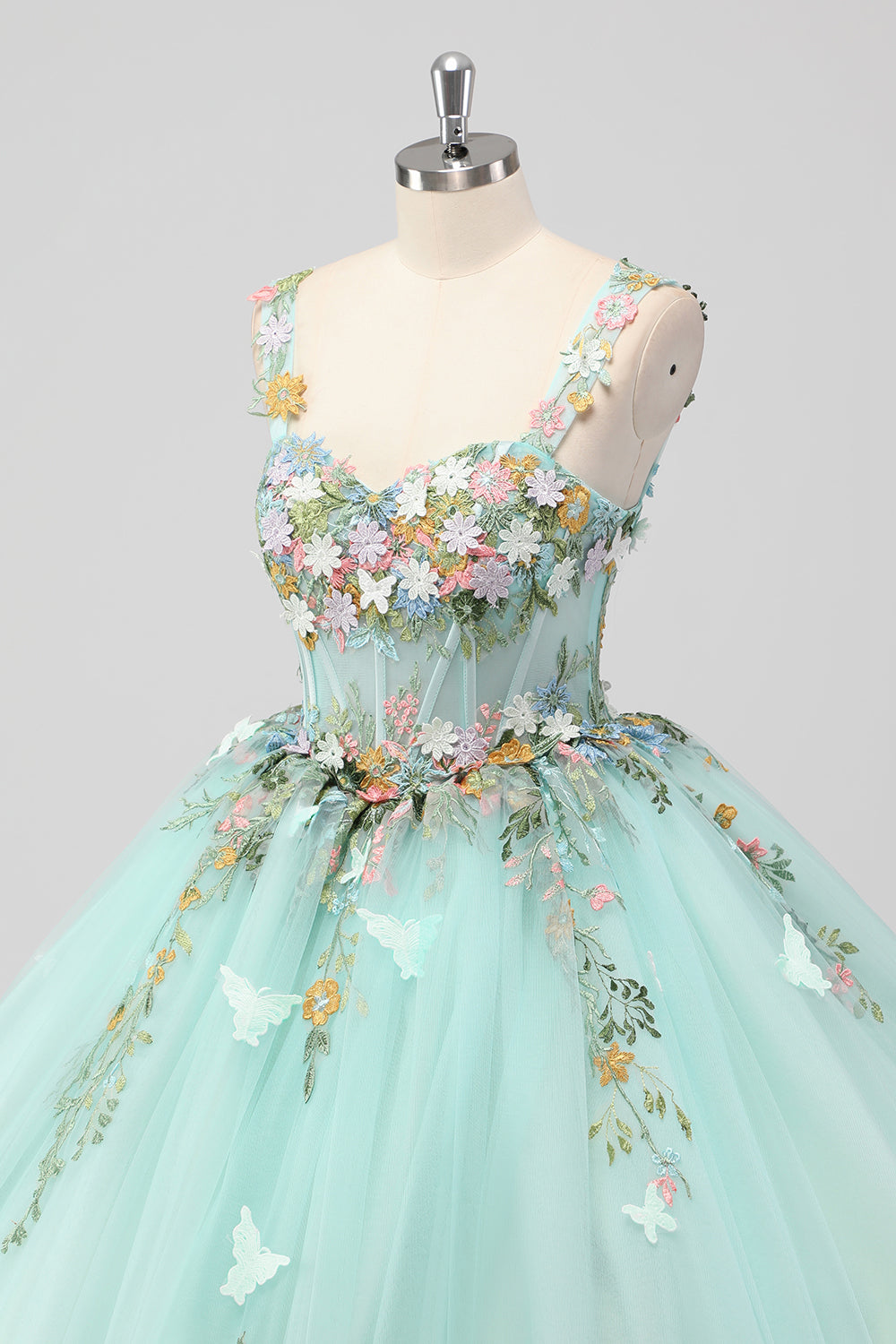 Princess Mint Corset Floral Tulle Quinceanera Dress with Appliques