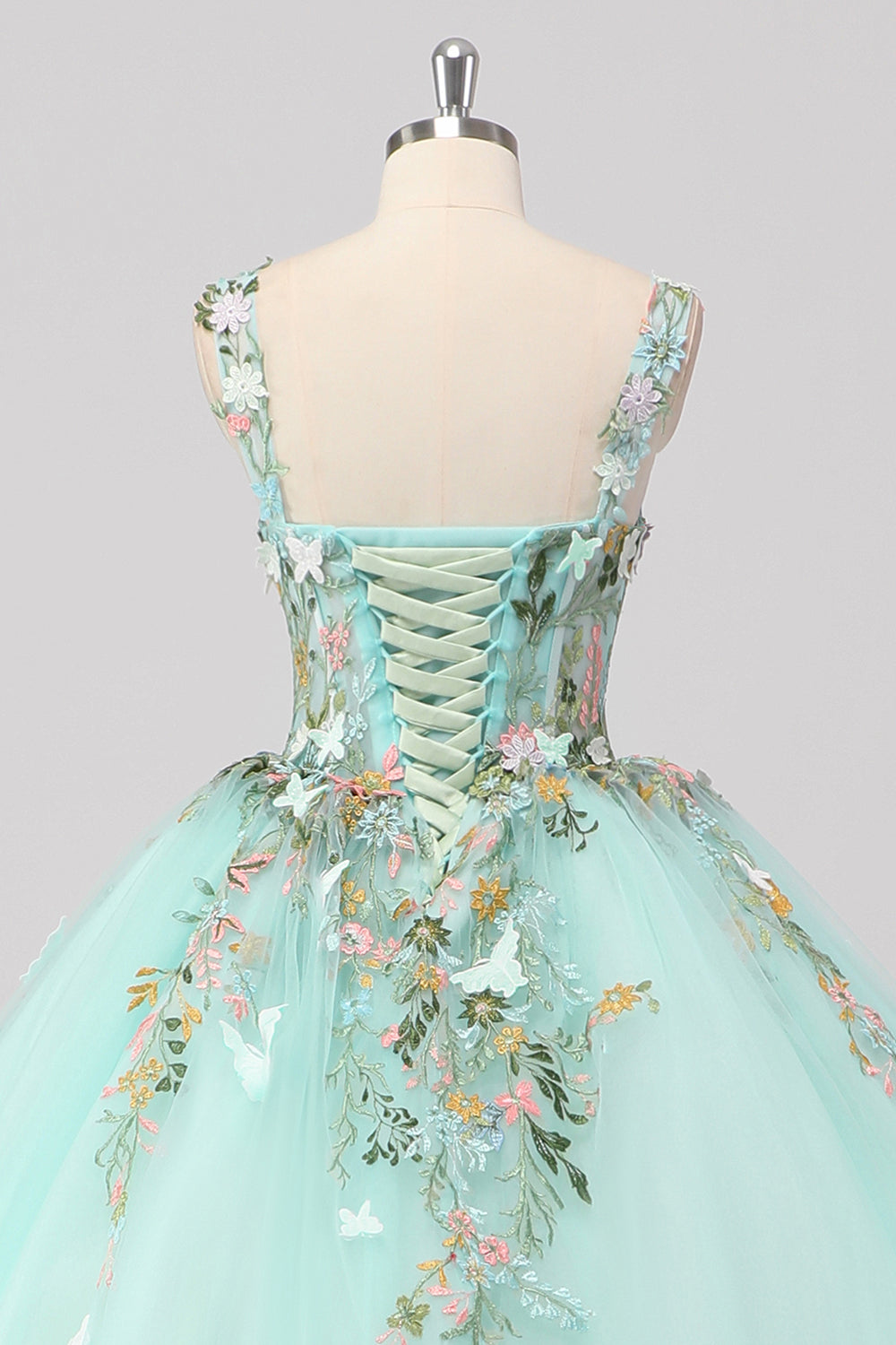 Princess Mint Corset Floral Tulle Quinceanera Dress with Appliques