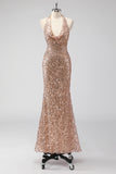 Sparkly Champagne Halter Backless Long Prom Dress