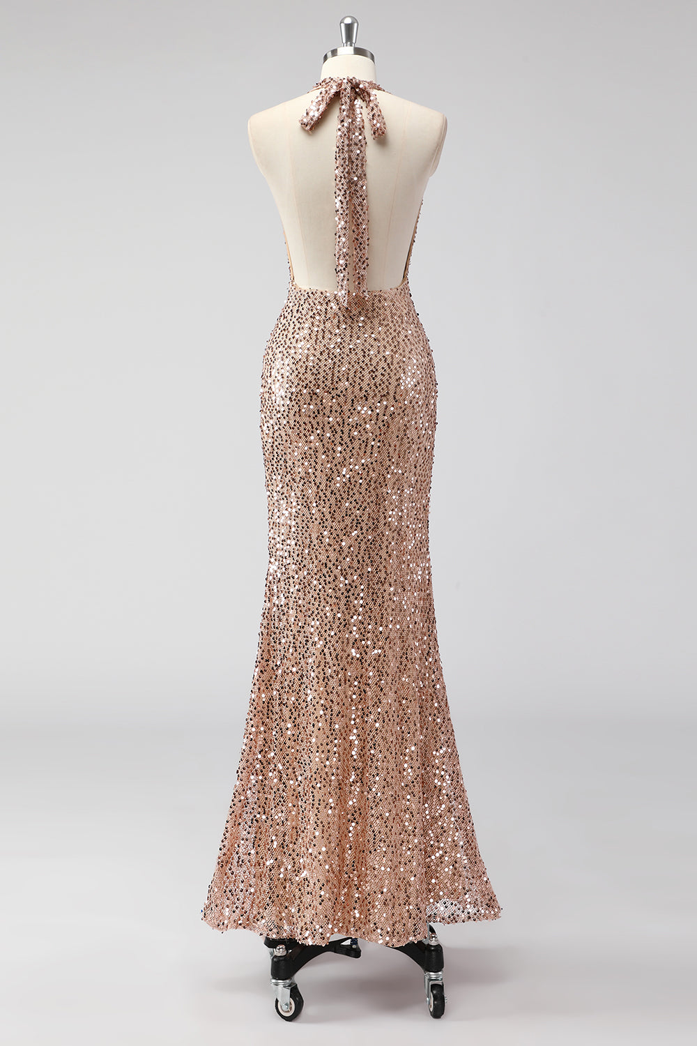 Sparkly Champagne Halter Backless Long Prom Dress