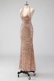 Sparkly Champagne Halter Backless Long Prom Dress