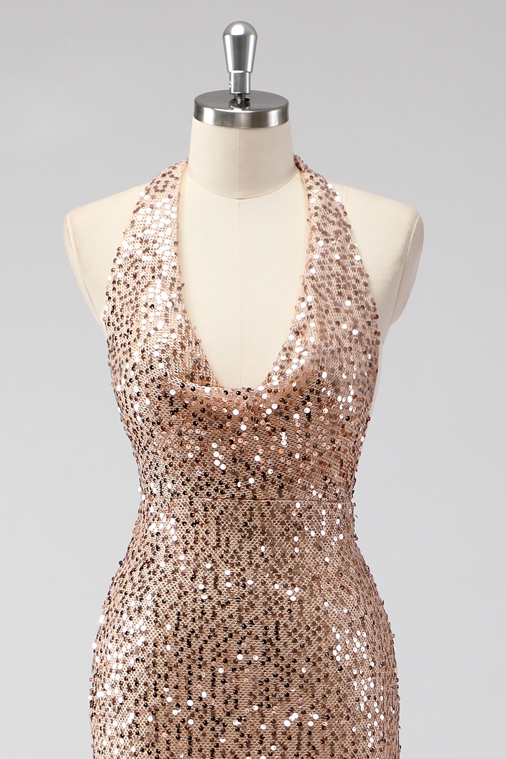 Sparkly Champagne Halter Backless Long Prom Dress