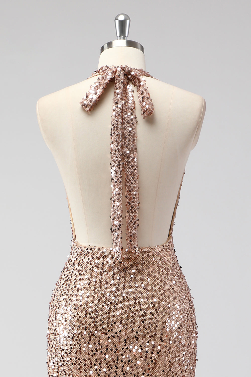 Sparkly Champagne Halter Backless Long Prom Dress