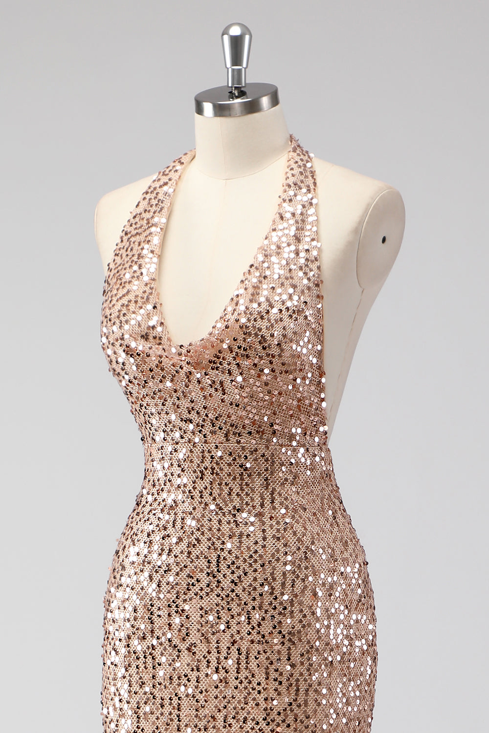 Sparkly Champagne Halter Backless Long Prom Dress