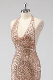 Sparkly Champagne Halter Backless Long Prom Dress