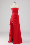 Red Ruched Sheath Formal Dress with Slit