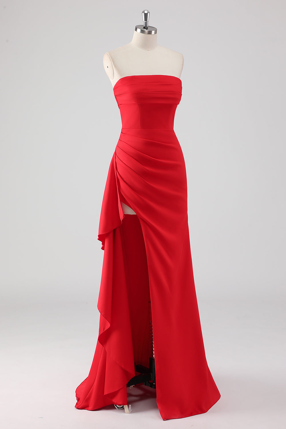 Red Ruched Sheath Formal Dress with Slit