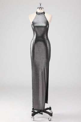 Sparkly Silver Grey Halter Shath Formal Dress with Slit