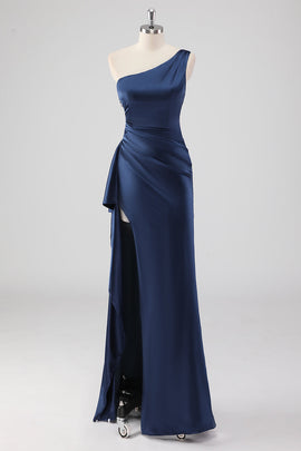 Elegant Navy Satin One Shoulder Formal Dress with Slit