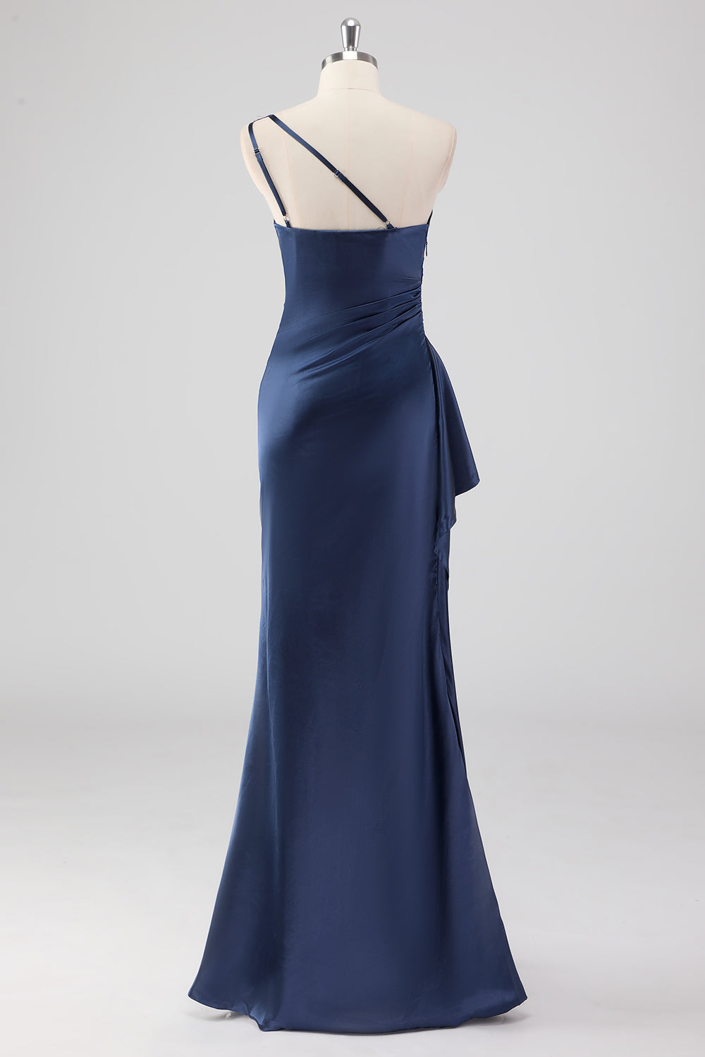 Elegant Navy Satin One Shoulder Formal Dress with Slit