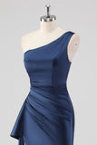 Elegant Navy Satin One Shoulder Formal Dress with Slit