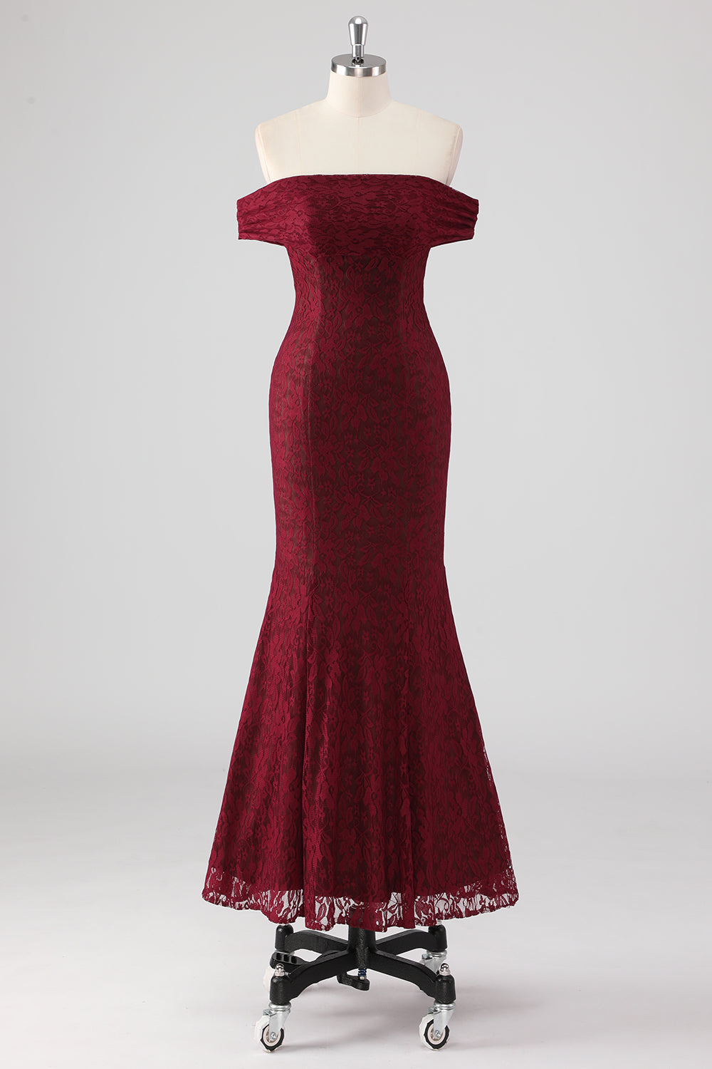 Burgundy Lace Mermaid Off The Shoulder Formal Dress