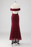 Burgundy Lace Mermaid Off The Shoulder Formal Dress