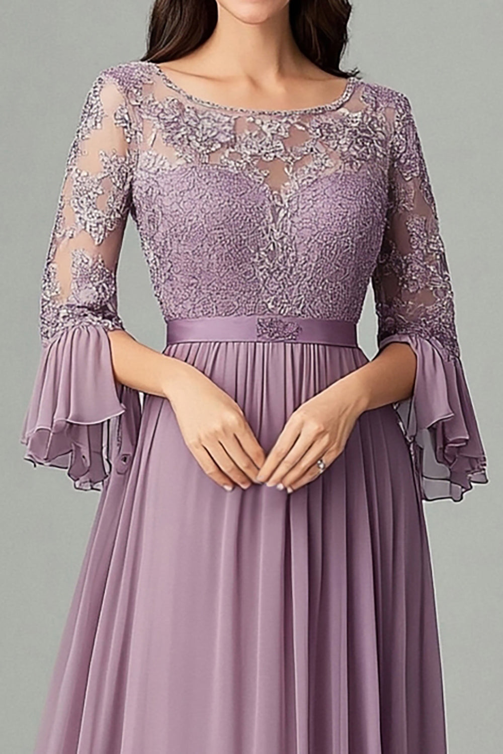 Taro Purple Lace Chiffon Mother Of the Bride Dress with 3/4 Sleeves