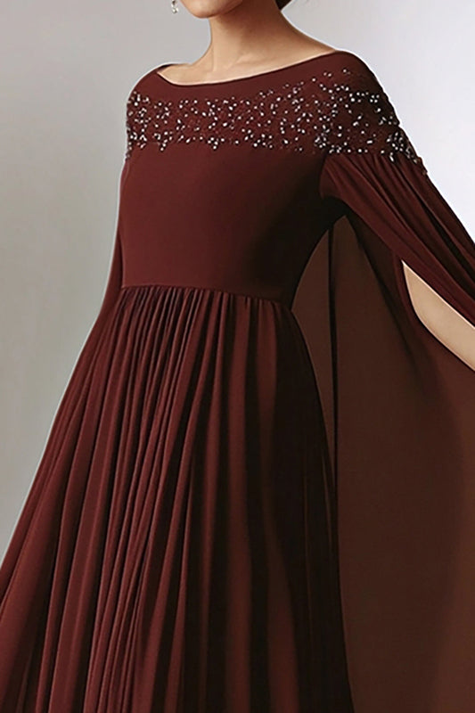 Burgundy A-Line Chiffon Round Neck Long Mother of the Bride Dress with Wrap