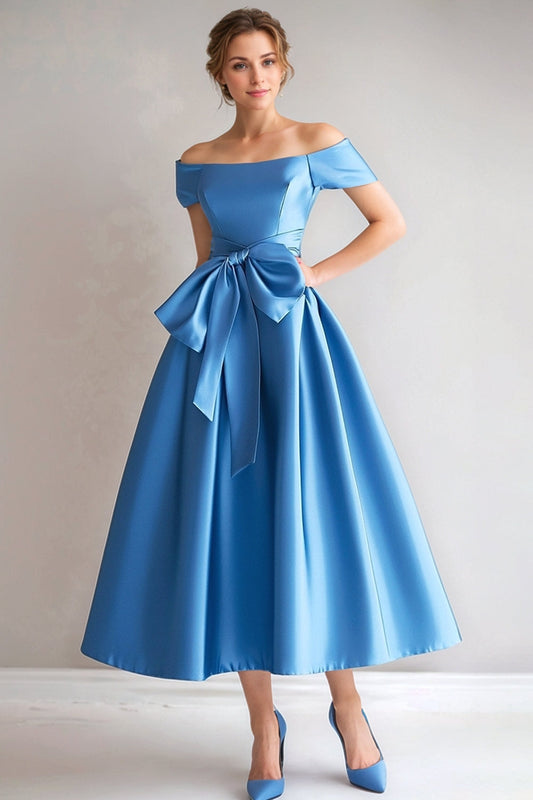 Blue Off the Shoulder A-Line Satin Tea Length Mother Of The Bride Dress with Bow