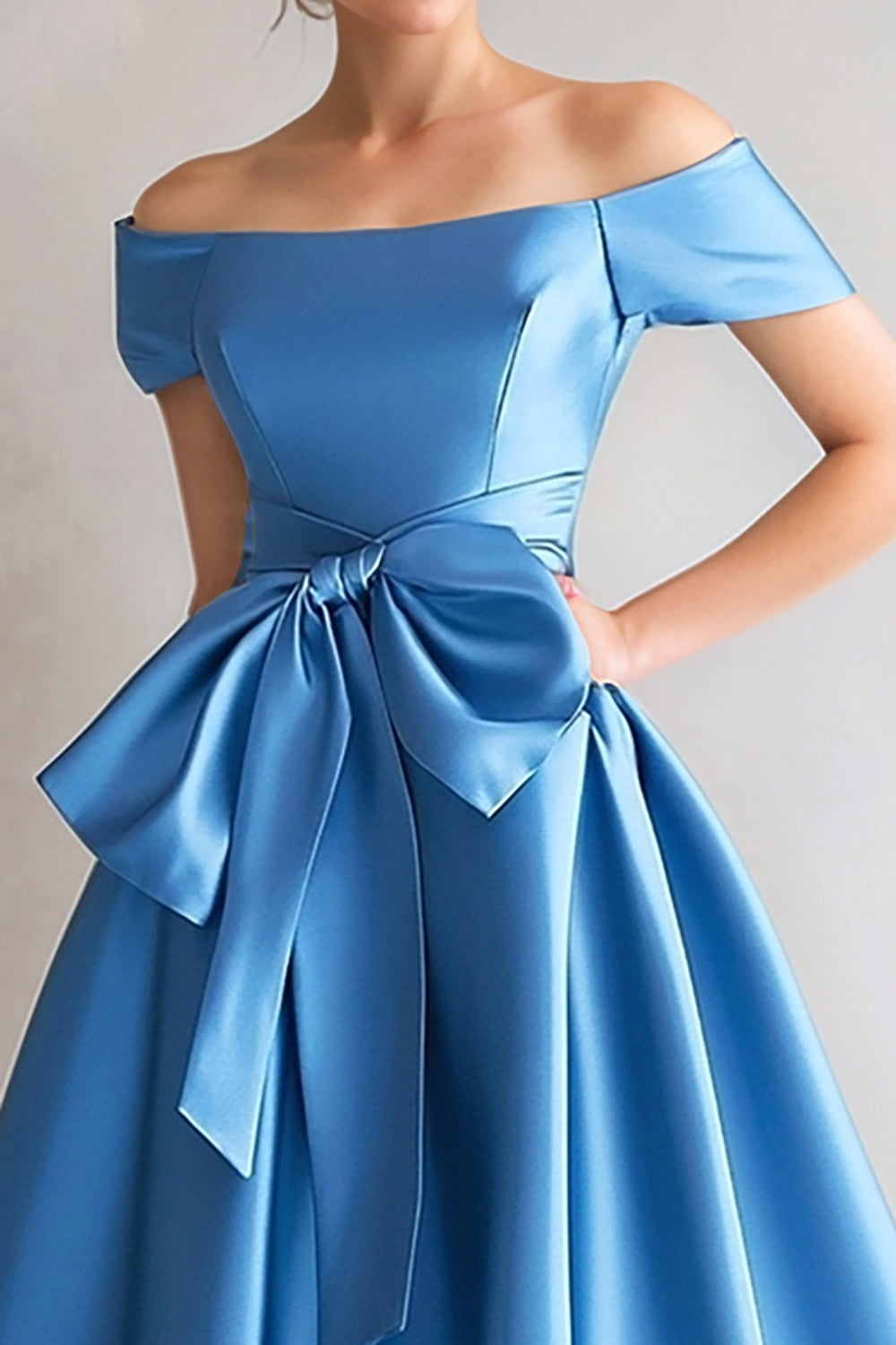 Blue Off the Shoulder A-Line Satin Tea Length Mother Of The Bride Dress with Bow