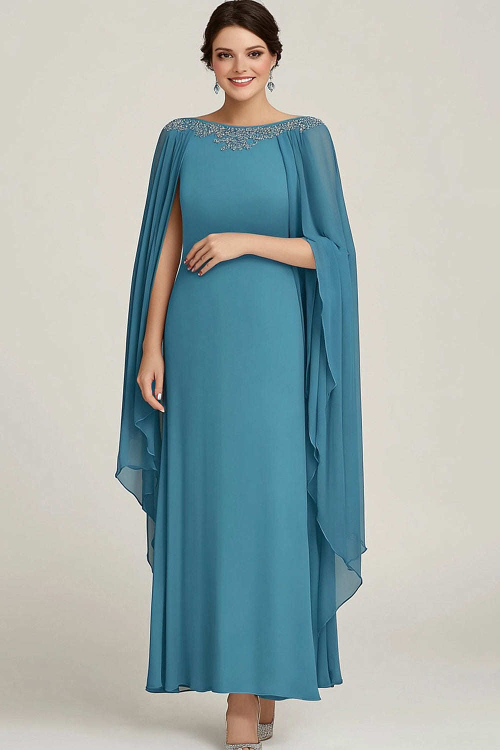 Blue Chiffon Boat Neck Long Mother Of The Bride Dress with Wrap