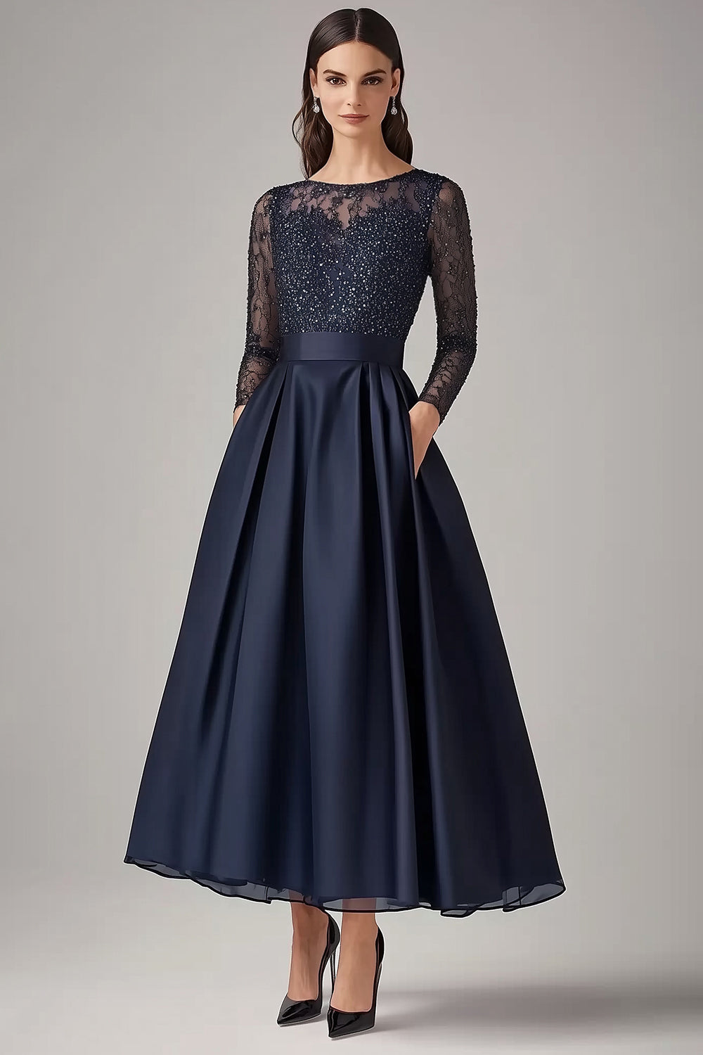 Sparkly Navy Beaded A Line Long Sleeves Mother Of the Bride Dress with Lace