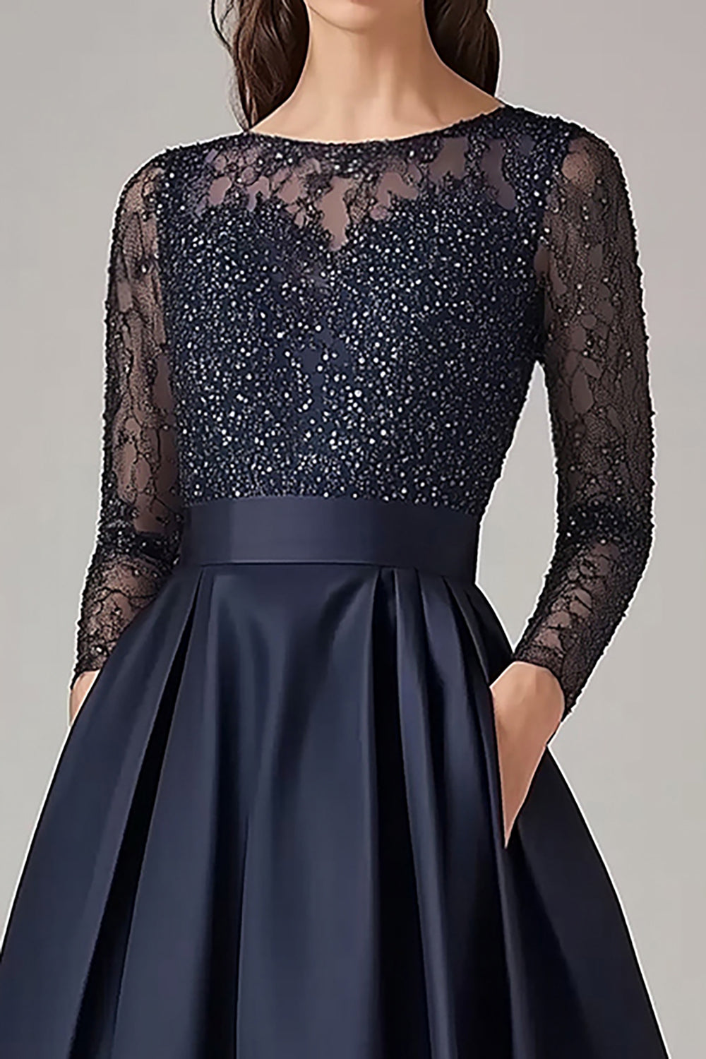 Sparkly Navy Beaded A Line Long Sleeves Mother Of the Bride Dress with Lace