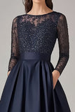 Sparkly Navy Beaded A Line Long Sleeves Mother Of the Bride Dress with Lace