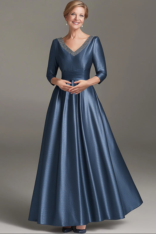 Long Sleeves A Line Dark Blue V Neck Mother of the Bride Dress