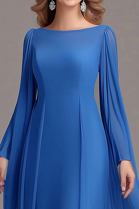 Blue Tulle Long Sleeves A Line Boat Neck Mother Of the Bride Dress