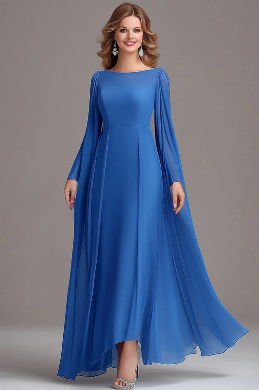 Blue Tulle Long Sleeves A Line Boat Neck Mother Of the Bride Dress