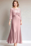 Pink Lace Ruched Long Sleeves Mother of the Bride Dress