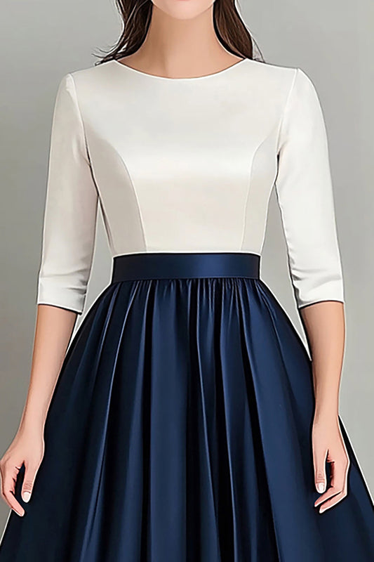 White Navy A Line Half Sleeves Ruched Mother Of the Bride Dress