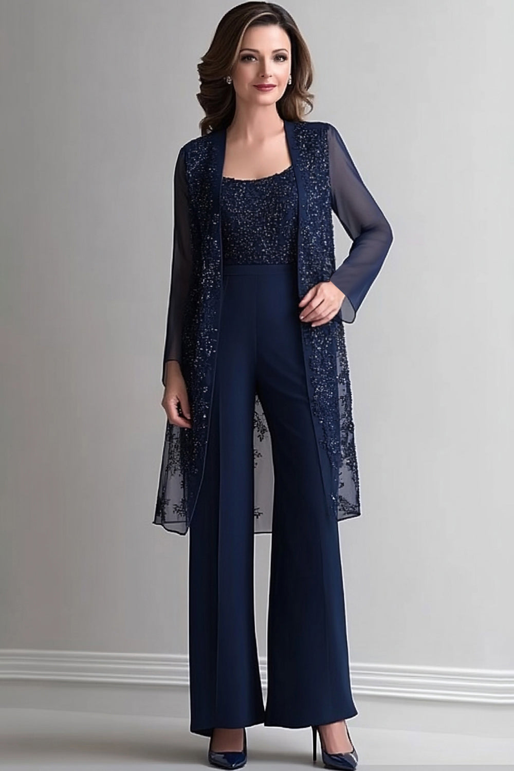 Navy Two Piece Jumpsuit Sequins Lace Chiffon Mother of the Bride Dress