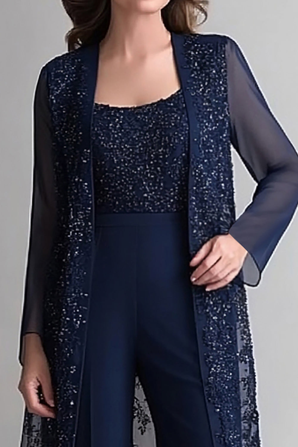 Navy Two Piece Jumpsuit Sequins Lace Chiffon Mother of the Bride Dress