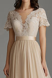 A Line Champagne Tulle V Neck Pleated Mother Of The Bride Dress