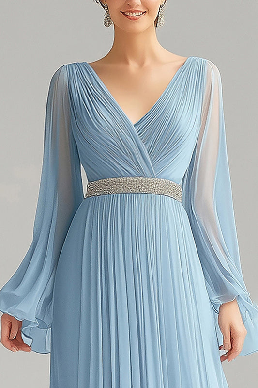 Sky Blue A Line Chiffon V-Neck Long Sleeves Formal Dress