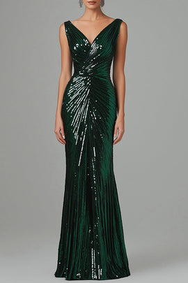 Dark Green Mermaid V-Neck Sequins Pleated Formal Dress