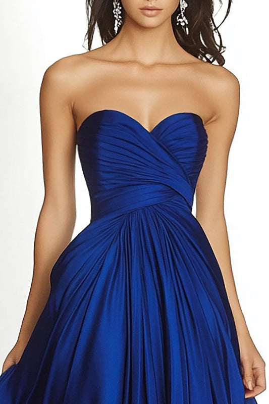 Royal Blue Pleated Asymmetric Chiffon Strapless Maxi A Line Formal Dress