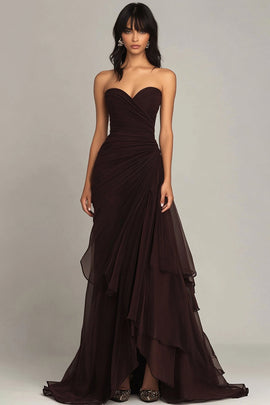 Dark Brown Sweetheart Ruffled Formal Dress Ruched Black Tie Dress Strapless Mermaid Evening Dress