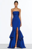 Mermaid Strapless Royal Blue Satin Long Formal Dress with Slit