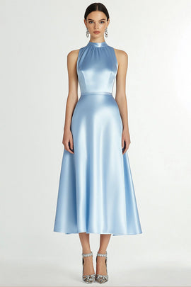 A Line Blue Halter Neck Satin Long Formal Dress