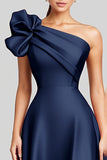 Navy A-Line Ruffled One Shoulder Satin Long Formal Dress