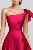 Fuchsia A-Line One Shoulder Bow Satin Long Formal Dress