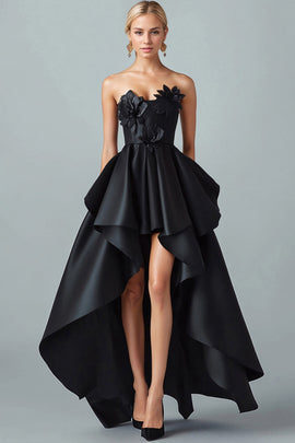 Sparkly Black Hi-Low A-Line Strapless 3D Flowers Ruffle Satin Formal Dress