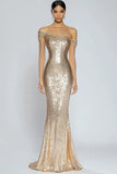 Sparkly Champagne Mermaid Off the Shoulder Sequins Long Formal Dress